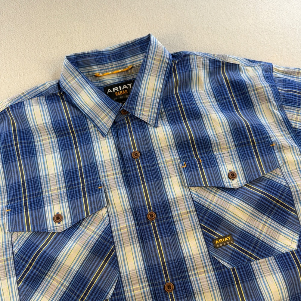 Ariat Rebar Work Shirt Mens Short Sleeve Plaid Western Button Down Blue Large